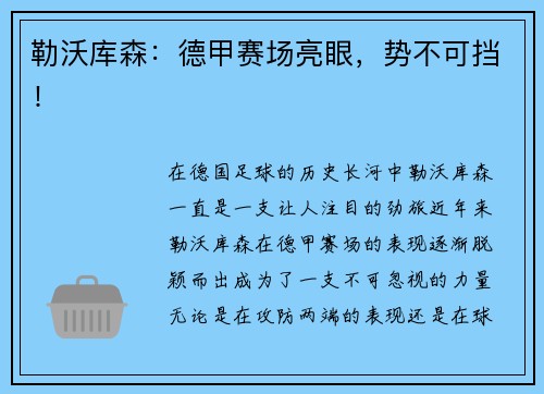勒沃库森：德甲赛场亮眼，势不可挡！