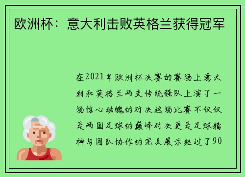 欧洲杯：意大利击败英格兰获得冠军
