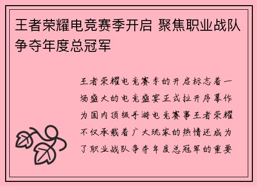 王者荣耀电竞赛季开启 聚焦职业战队争夺年度总冠军